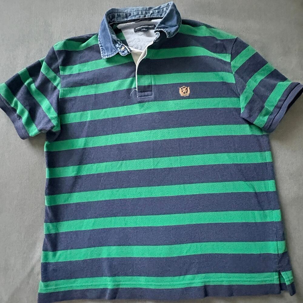 Fairenheit Rugby Polo Shirt  L Navy Green Stripe Denim Collar Preppy Y2K bloke